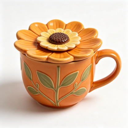 Orange Sunflower Lidded Ceramic Mug