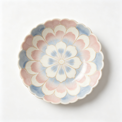 Pink Blue Gold Floral Scalloped Ceramic Plate